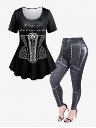 Ensemble de T-shirt Corset Gothique et Legging Moulant à Imprimé 3D - Noir 