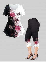 Rose Butterfly Two Tone Tee and Jeggings Plus Size Matching Set -  