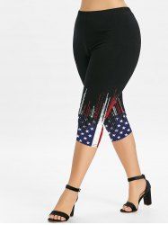 Plus Size Patriotic American Flag Printed Capri Leggings -  
