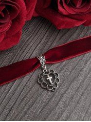 Gothic Velour Heart Cross Choker Necklace -  