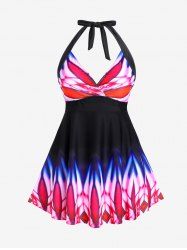 Plus Size Tie Dye Backless Halter Padded Surplice Tankini Swimsuit -  