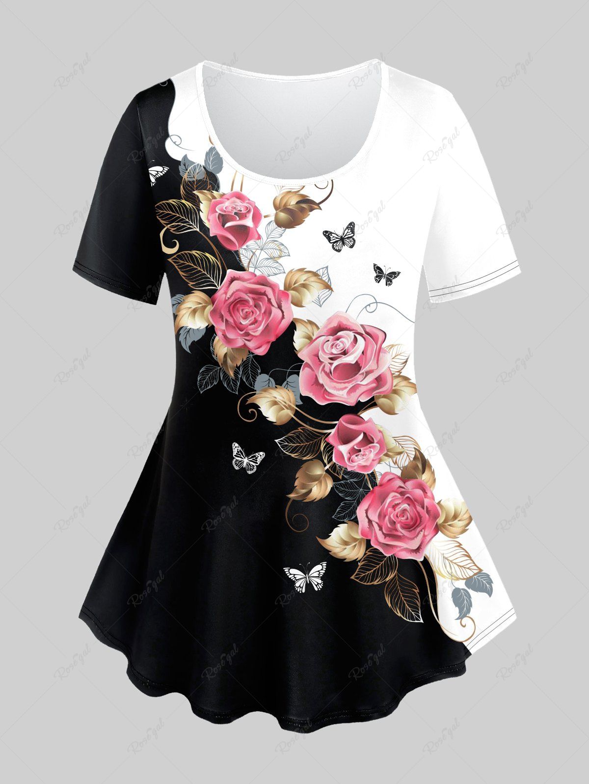 T-shirt Imprimé à Rose et Papillon à Deux Tons Grande Taille Rose clair 1X | US 14-16
