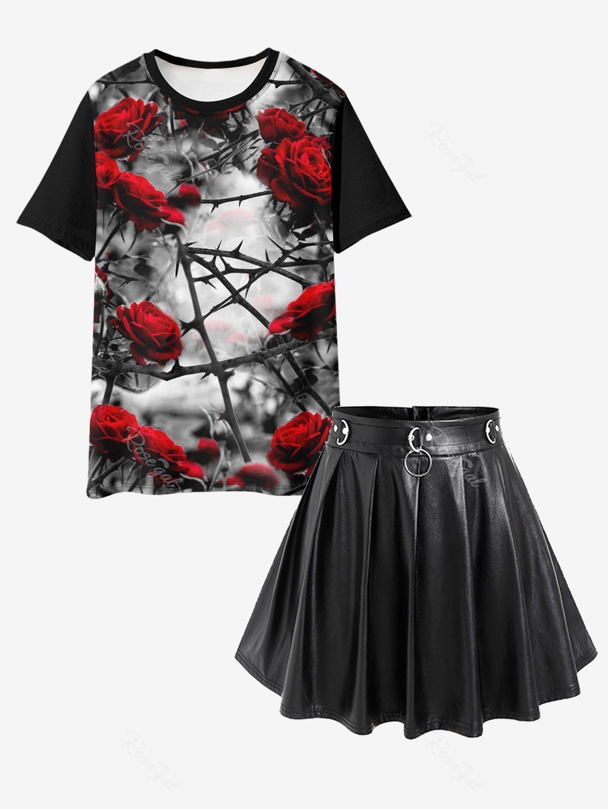 Ensemble de T-shirt Gothique à Imprimé Rose et Lettre et Jupe Plissée en Faux Cuir Anneau en D Noir 