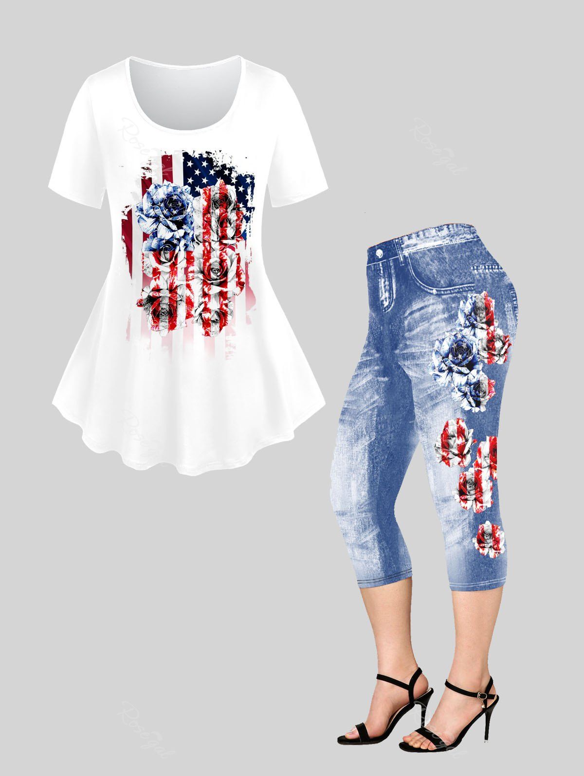 Shop Rose American Flag Printed Patriotic Tee and 3D Jeans Print Capri Jeggings Plus Size Outfits  