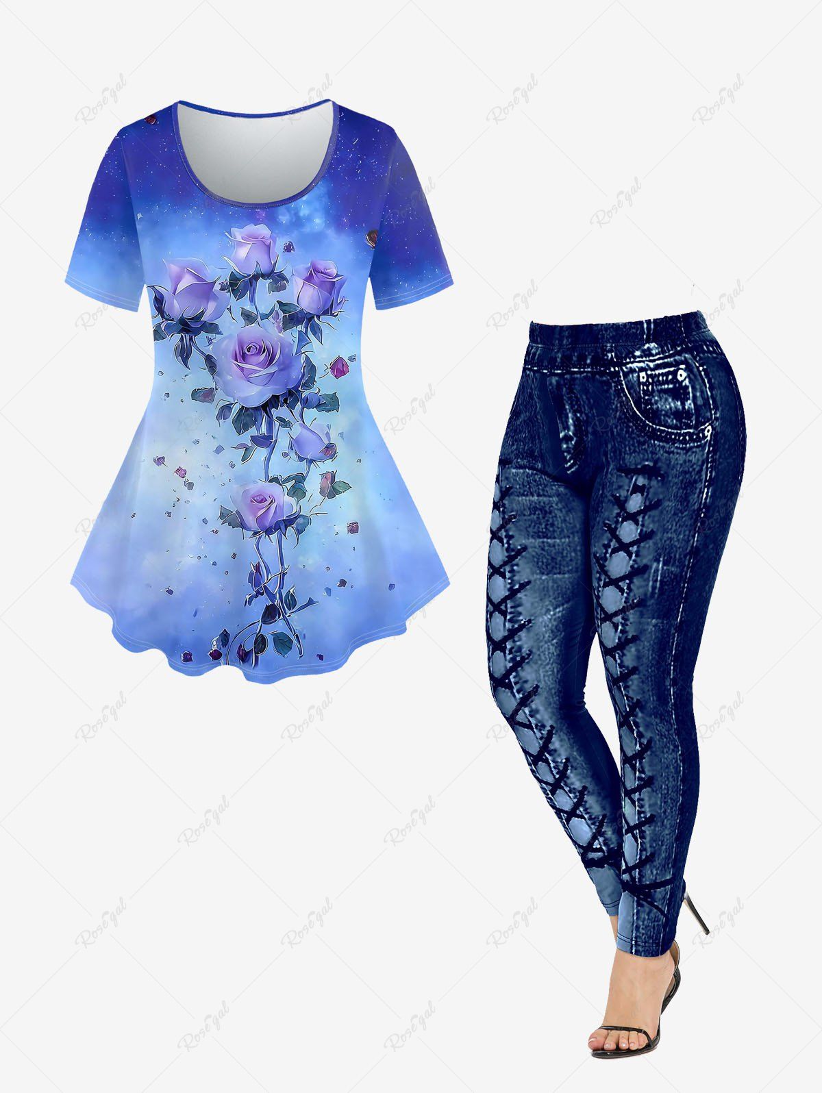 Ensemble de T-shirt à Imprimé Rose 3D Teinté et Legging à Imprimé Denim Grande Taille Bleu 