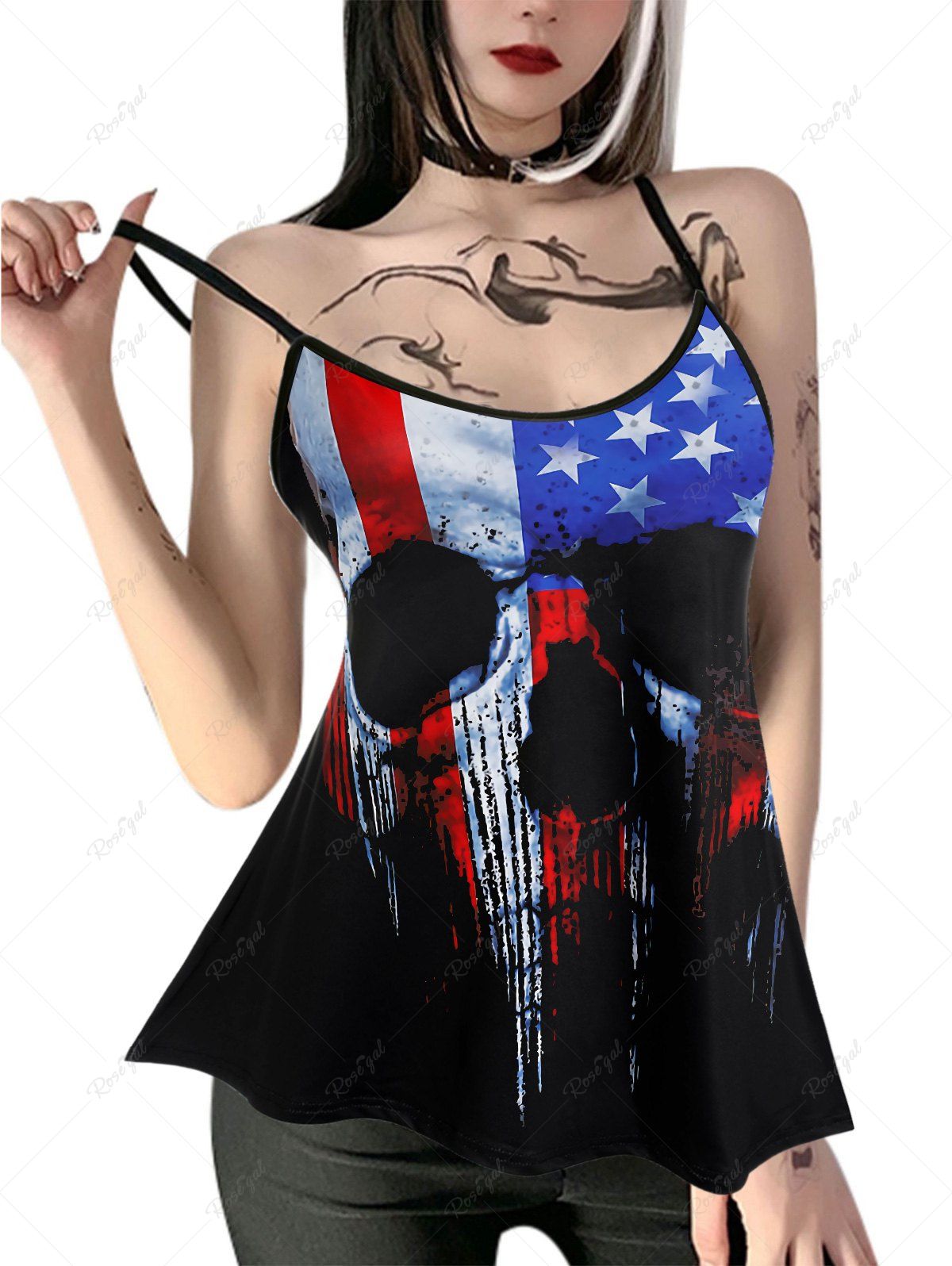 Trendy Gothic Patriotic American Flag Skull Print Cami Top (Adjustable Straps)  