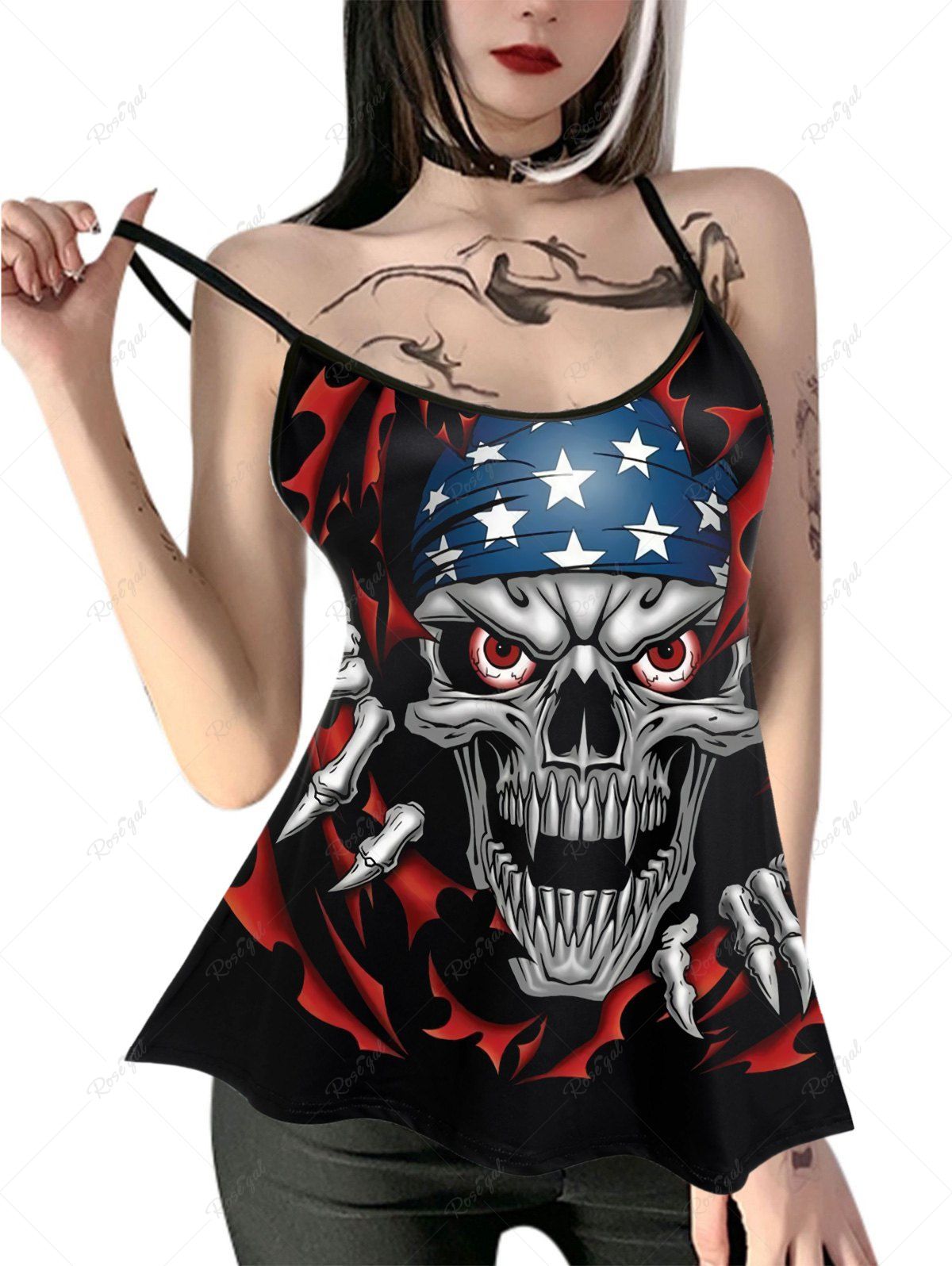 Débardeur Gothique Drapeau Américain Crâne Imprimée à Bretelle Noir 2X | US 18-20