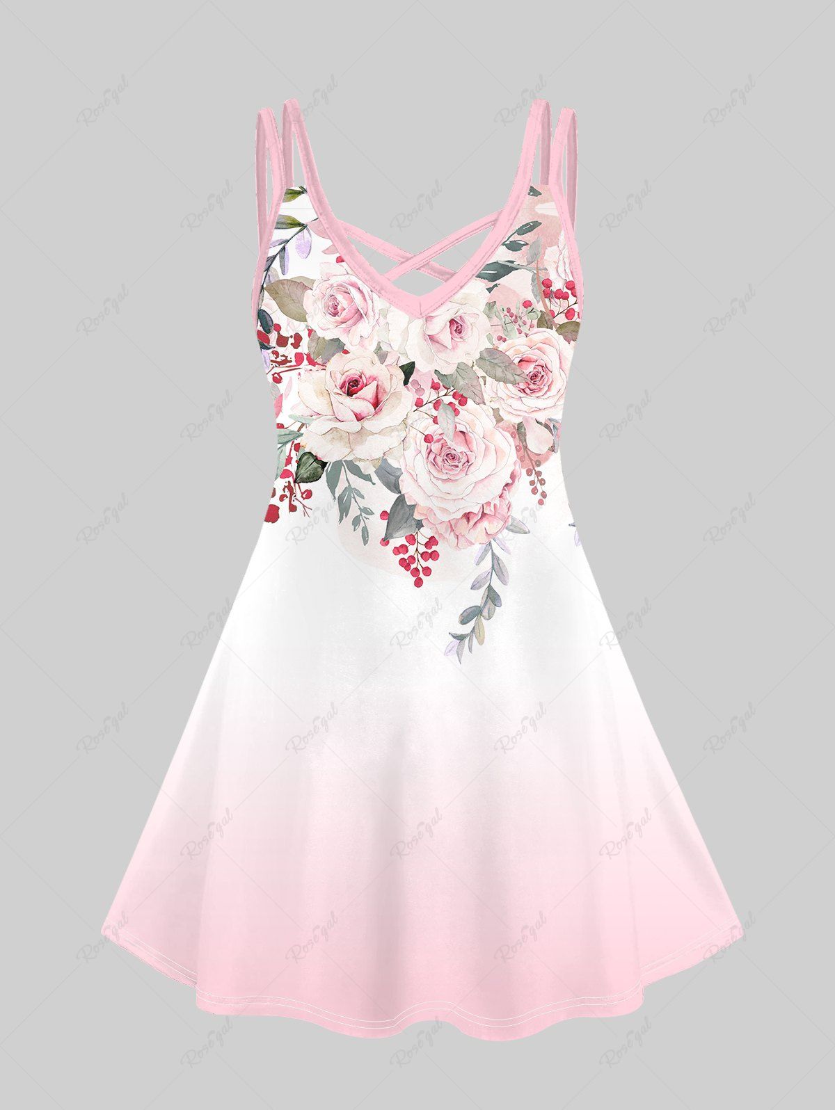 Sale Plus Size Floral Crisscross Floral Print A Line Sleeveless Dress  