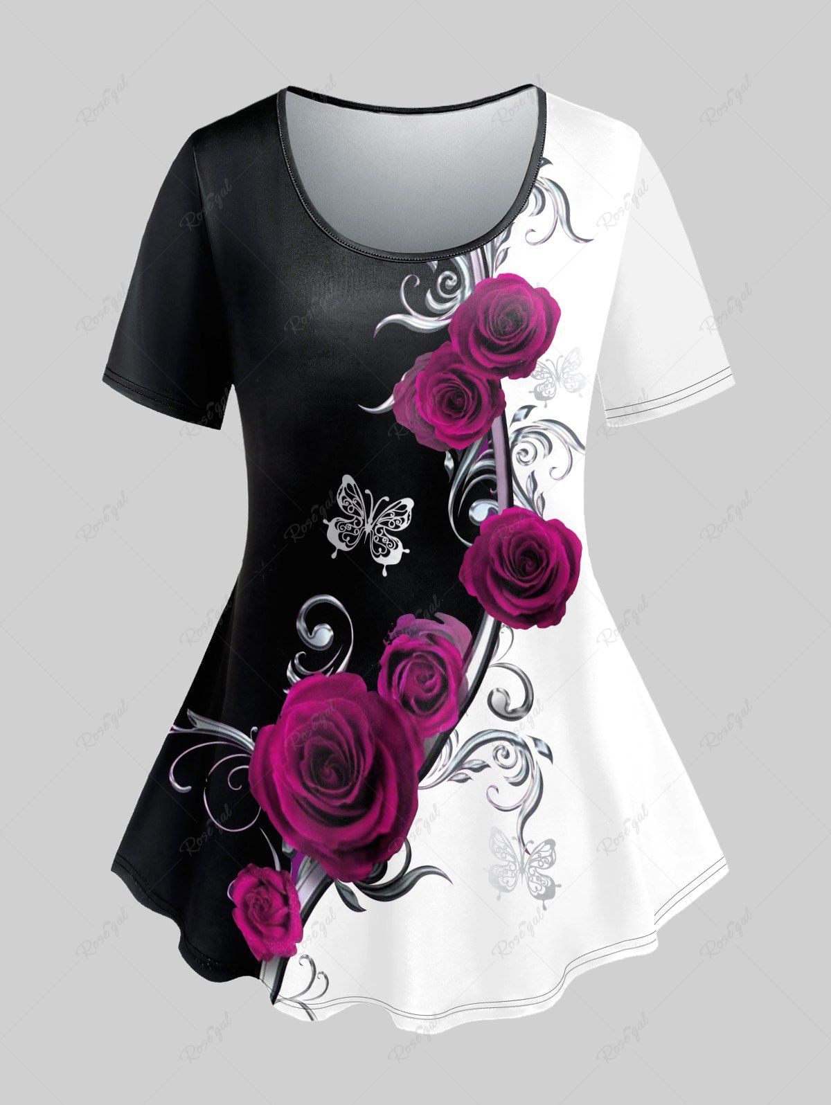 T-Shirt Bicolore à Imprimé Papillon et Rose de Grande Taille Rouge foncé 5x | US 30-32