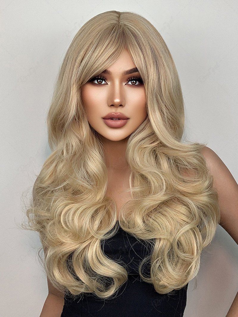 Latest Blonde Mixed Long Fluffy Wavy Side Bangs Synthetic Wig  