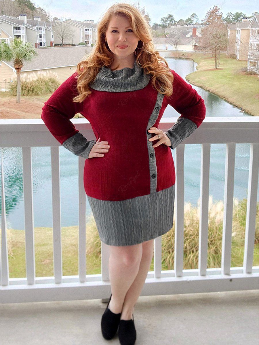 Outfits Plus Size Cowl Neck Cable Knit Two Tone Bodycon Mini Dress with Buttons  