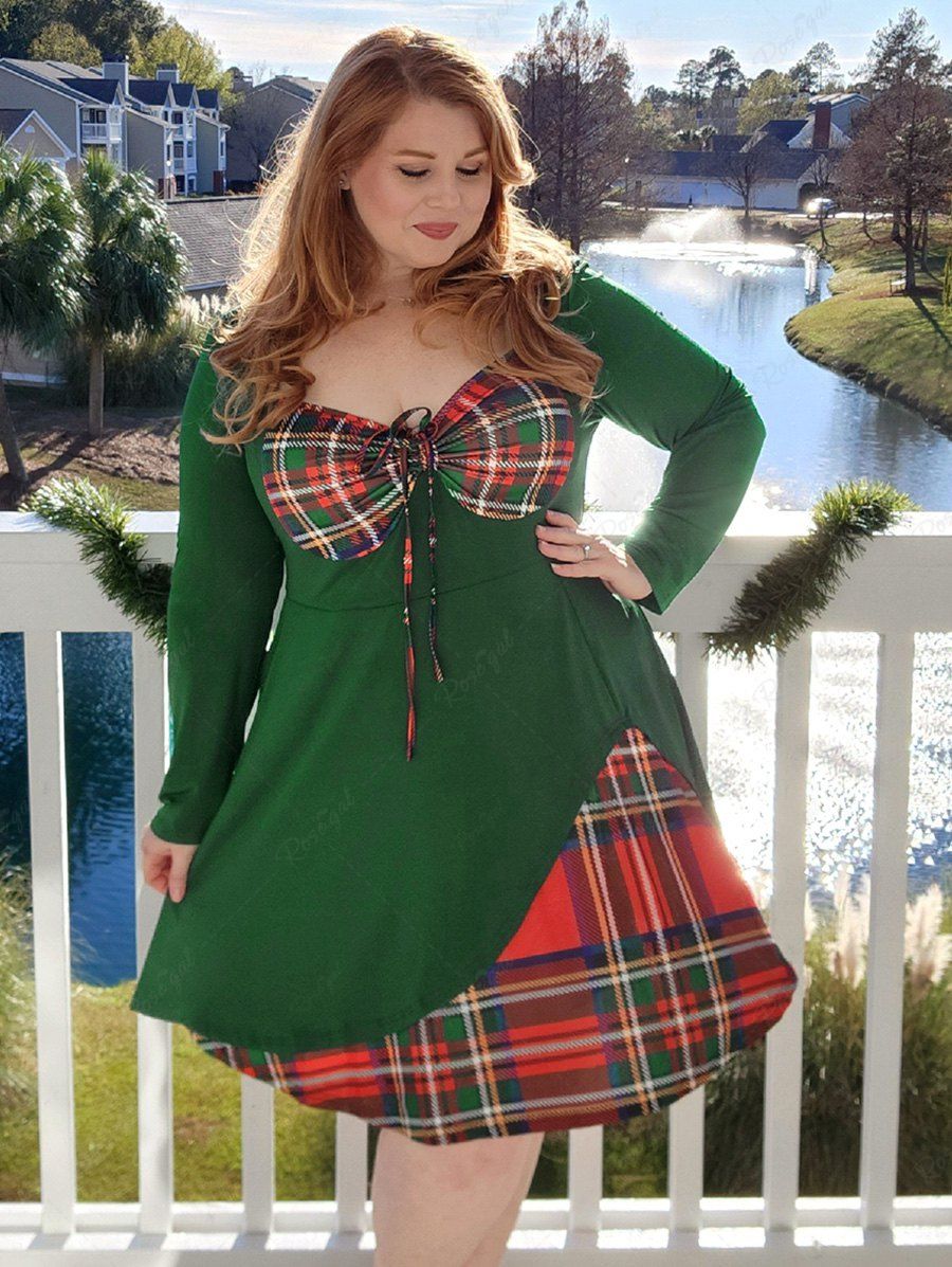 Rosegal Plus Size Plaid Cinched Knee Length Flared Dress
