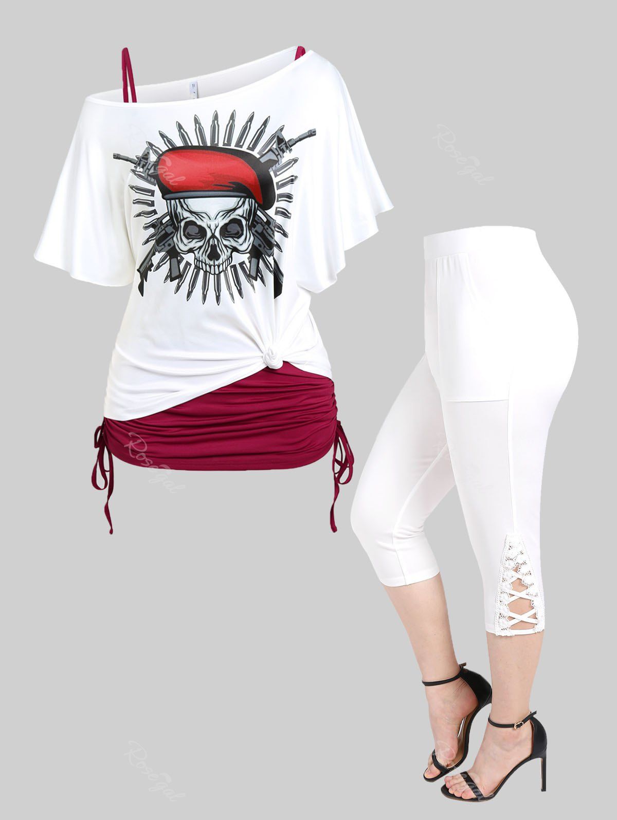 Ensemble de T-shirt Gothique à Imprimé Crâne Débardeur et Legging Capri Gothique Panneau en Dentelle Croisé de Grande Taille Blanc 