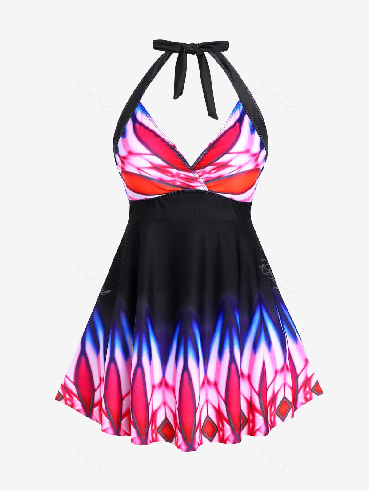 Online Plus Size Tie Dye Backless Halter Padded Surplice Tankini Swimsuit  