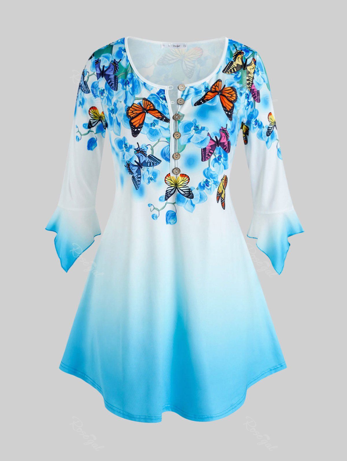T-shirt en Couleur Ombrée Fleuri à Imprimé Papillon à Manches de Cloche de Grande Taille Bleu L