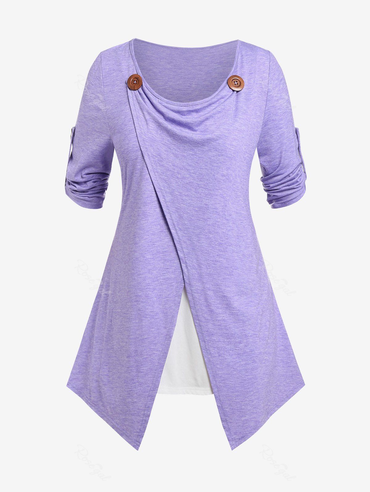 T-shirt de Grande Taille à Manches Roulées Fausse Deux Pièces Violet clair 5X