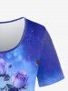 Ensemble de T-shirt à Imprimé Rose 3D Teinté et Legging à Imprimé Denim Grande Taille - Bleu 