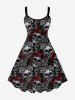 Ensemble de Robe Vintage Ligne A  à Imprimé Rose Crâne sans Manches en Dentelle et Ras de Cou D'Halloween - Noir 