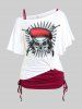 Ensemble de T-shirt Gothique à Imprimé Crâne Débardeur et Legging Capri Gothique Panneau en Dentelle Croisé de Grande Taille - Blanc 