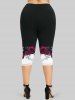 Plus Size Rose Butterfly Printed Skinny Capri Leggings -  