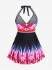 Plus Size Tie Dye Backless Halter Padded Surplice Tankini Swimsuit -  