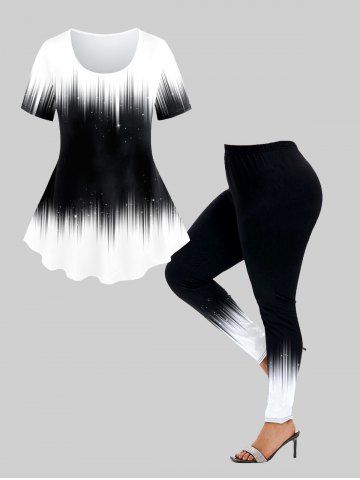 3D Sparkles Pinstripes Printed Tee and Light Beam Print Leggings Plus Size Matching Set - BLACK