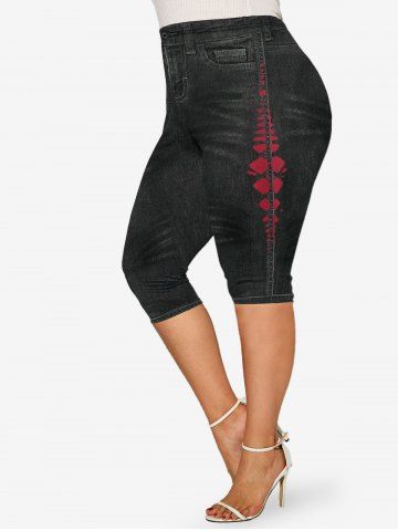 Plus Size 3D Jeans Printed Capri Jeggings - BLACK - L | US 12