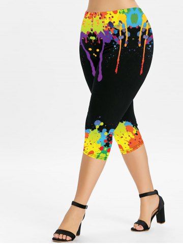 Plus Size Paint Splatter Printed Skinny Capri Leggings - ORANGE - S | US 8