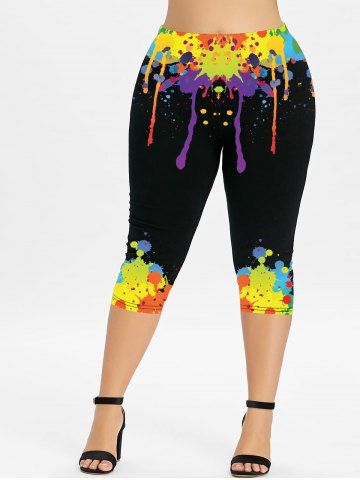 Plus Size Paint Splatter Printed Skinny Capri Leggings