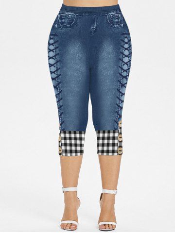 Plus Size 3D Plaid Buttons Lace-up Jeans Printed Capri Jeggings