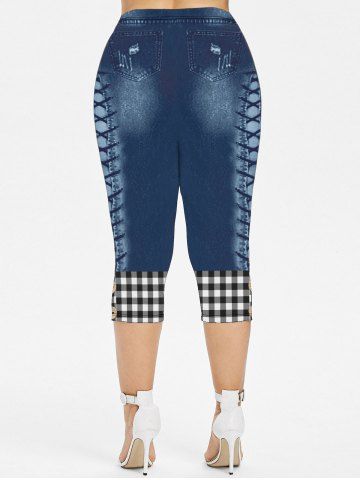 Plus Size 3D Plaid Buttons Lace-up Jeans Printed Capri Jeggings
