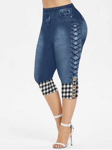 Plus Size 3D Plaid Buttons Lace-up Jeans Printed Capri Jeggings