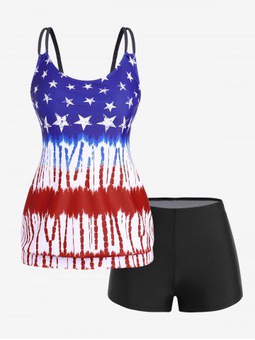 Plus Size Patriotic American Flag Padded Boyleg Blouson Tankini Swimsuit - MULTI - M | US 10