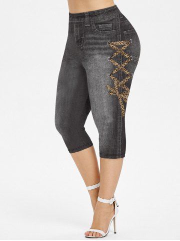 Plus Size 3D Leopard Lace-up Jeans Printed Capri Jeggings - BLACK - S | US 8