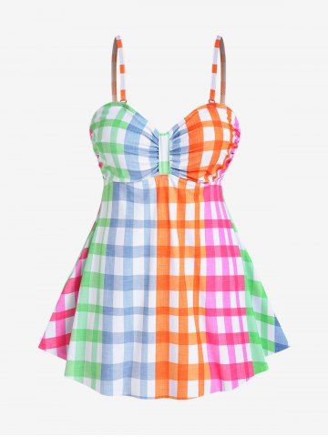 Plus Size Colorful Checked Ruched Tankini Swimsuit - MULTI-A - 4X | US 26-28