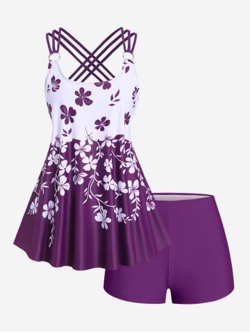 Plus Size Floral Boyleg Padded Strappy Modest Tankini Swimsuit - PURPLE - L | US 12