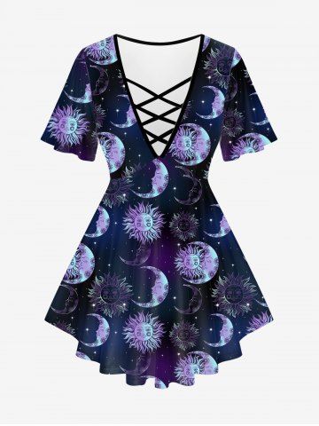 Plus Size Sun Moon Printed Crisscross Short Sleeves T-shirt - PURPLE - 2X | US 18-20