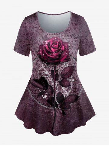 Gothic Tie Dye Rose Print Valentines T-shirt - DEEP RED - 2X | US 18-20