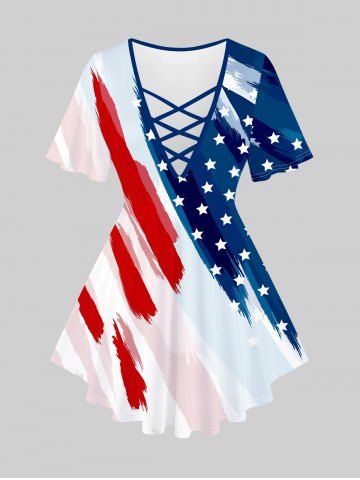 Plus Size American Flag Printed Crisscross Patriotic Tee - BLUE - 2X | US 18-20