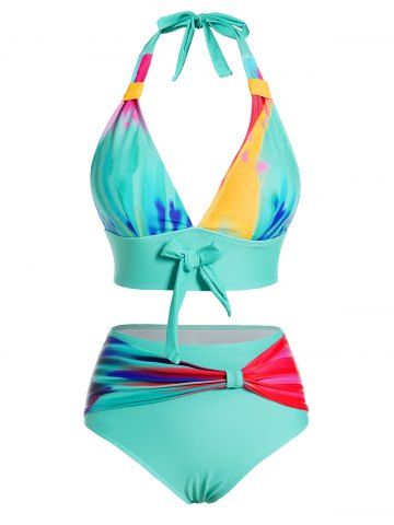 Colorful Tie Dye Print Bowknot Halter Bikini Swimsuit - MULTI-A - XXL