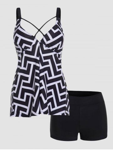 Contrasting Geometric Print Padded Boyleg Tankini Swimsuit - BLACK - 2XL