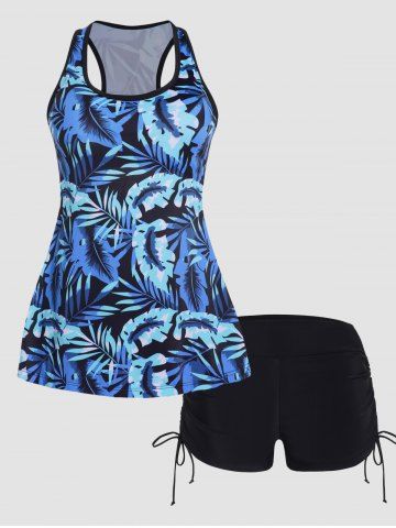 Tropical Leaf Print Cut Out Cinched Boyshorts Tankini Swimsuit - BLUE - 2XL