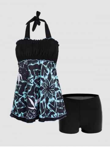 Flower Leaf Heart Print Ruffles Padded Halter Boyleg Swimsuit - BLACK - XXL