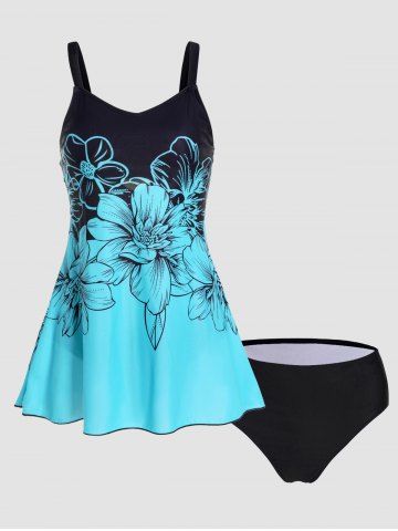 Flower Print Padded Tummy Control Tankini Swimsuit - BLUE - M