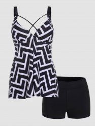 Maillot de Bain Tankini Matelassé à Imprimé Géométrique Contrasté - Noir M