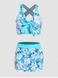 Tropical Flower Print Crossover Padded Skort Tankini Swimsuit -  