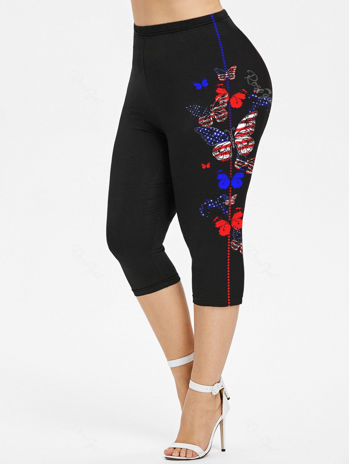 Outfits Plus Size Patriotic Butterfly American Flag Printed Capri Leggings  