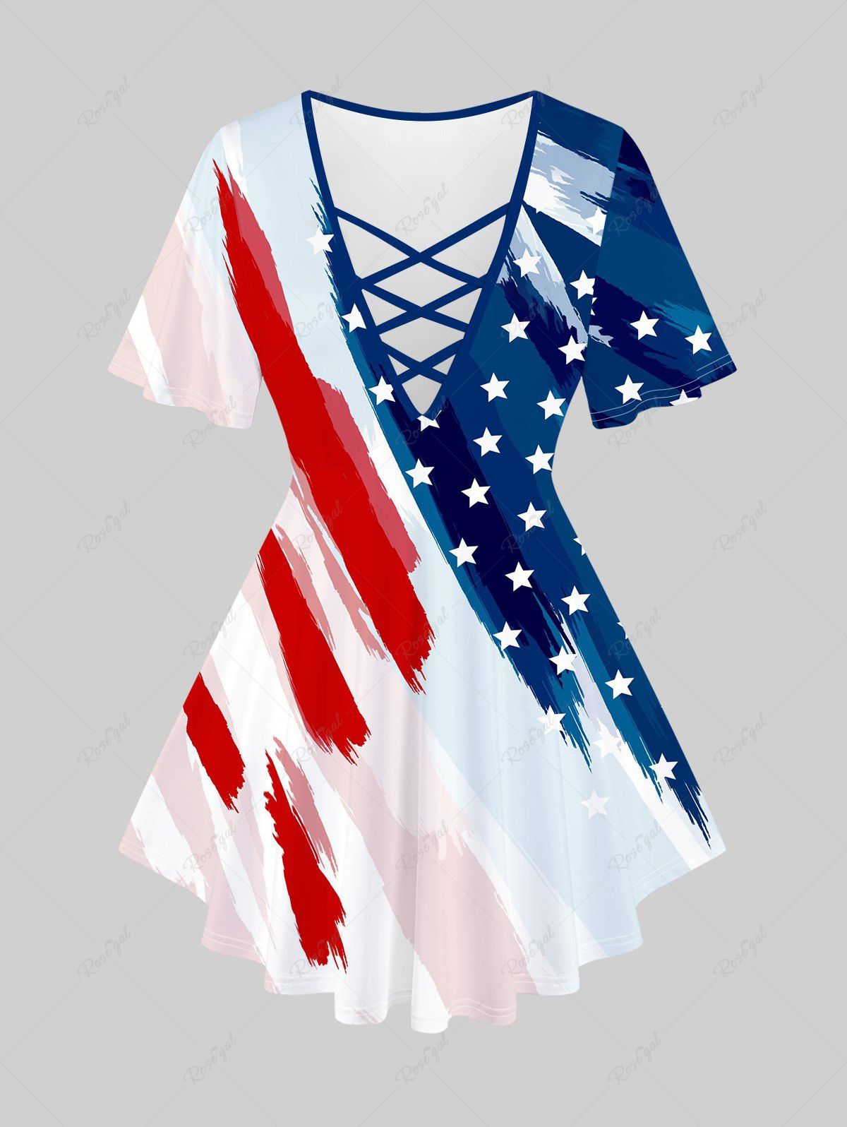 Fancy Plus Size American Flag Printed Crisscross Patriotic Tee  