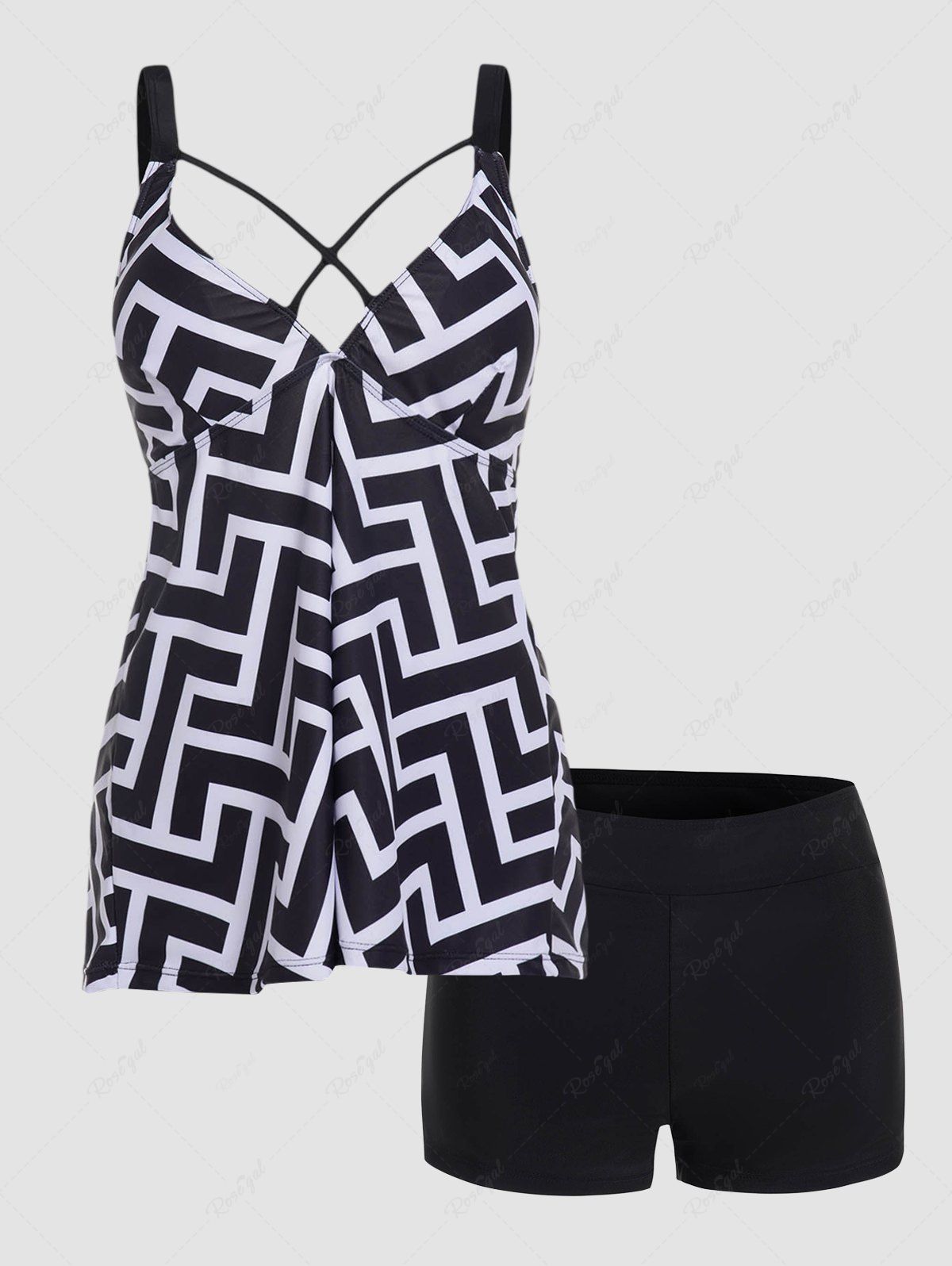 Unique Contrasting Geometric Print Padded Boyleg Tankini Swimsuit  
