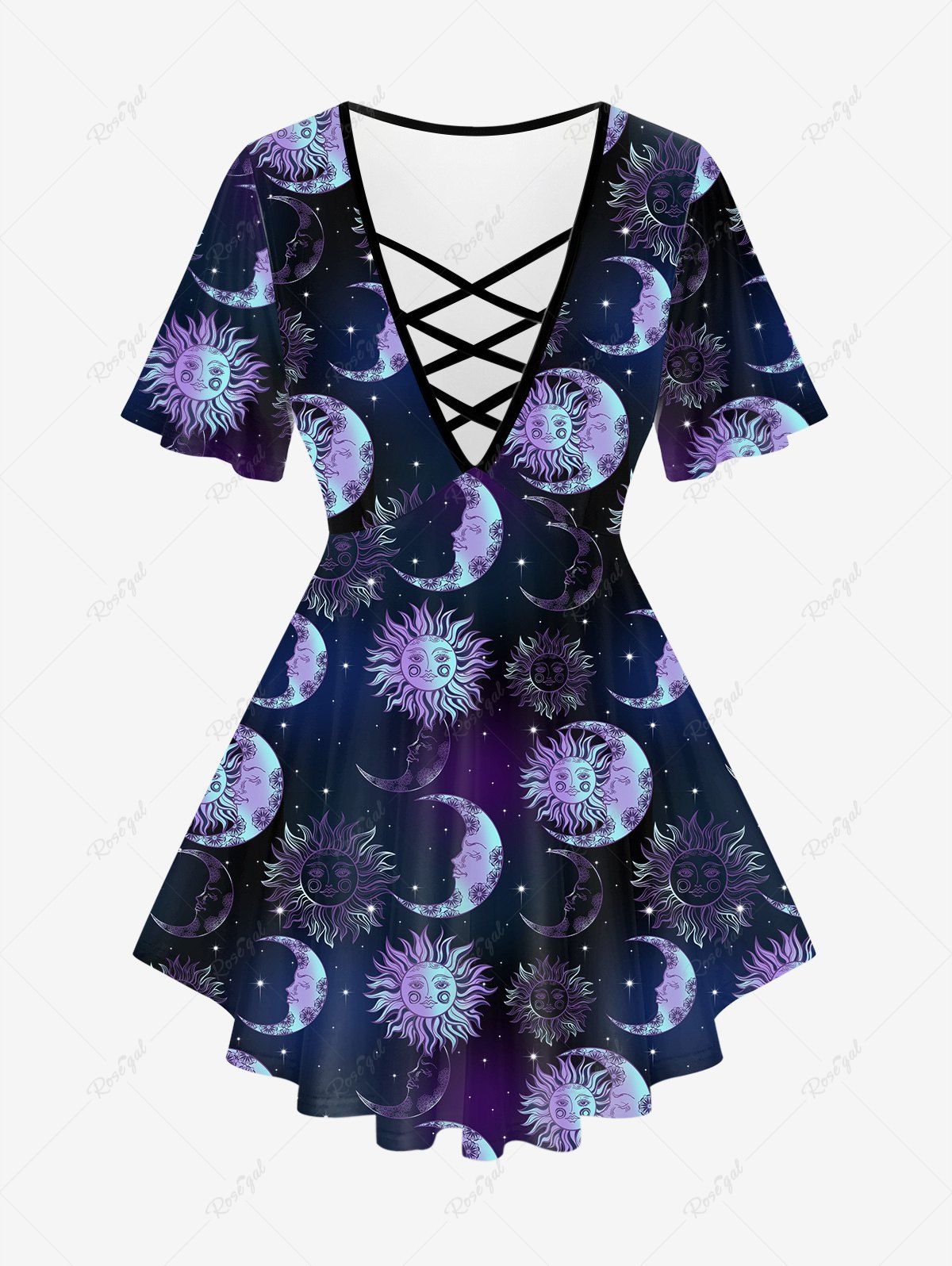 Shops Plus Size Sun Moon Printed Crisscross Short Sleeves T-shirt  